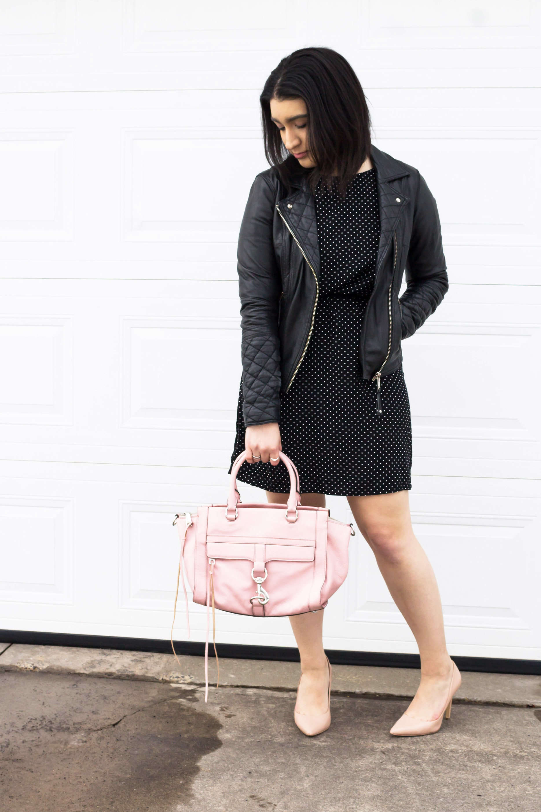 Look for Less: Leather Jacket and Polka Dot Dress 