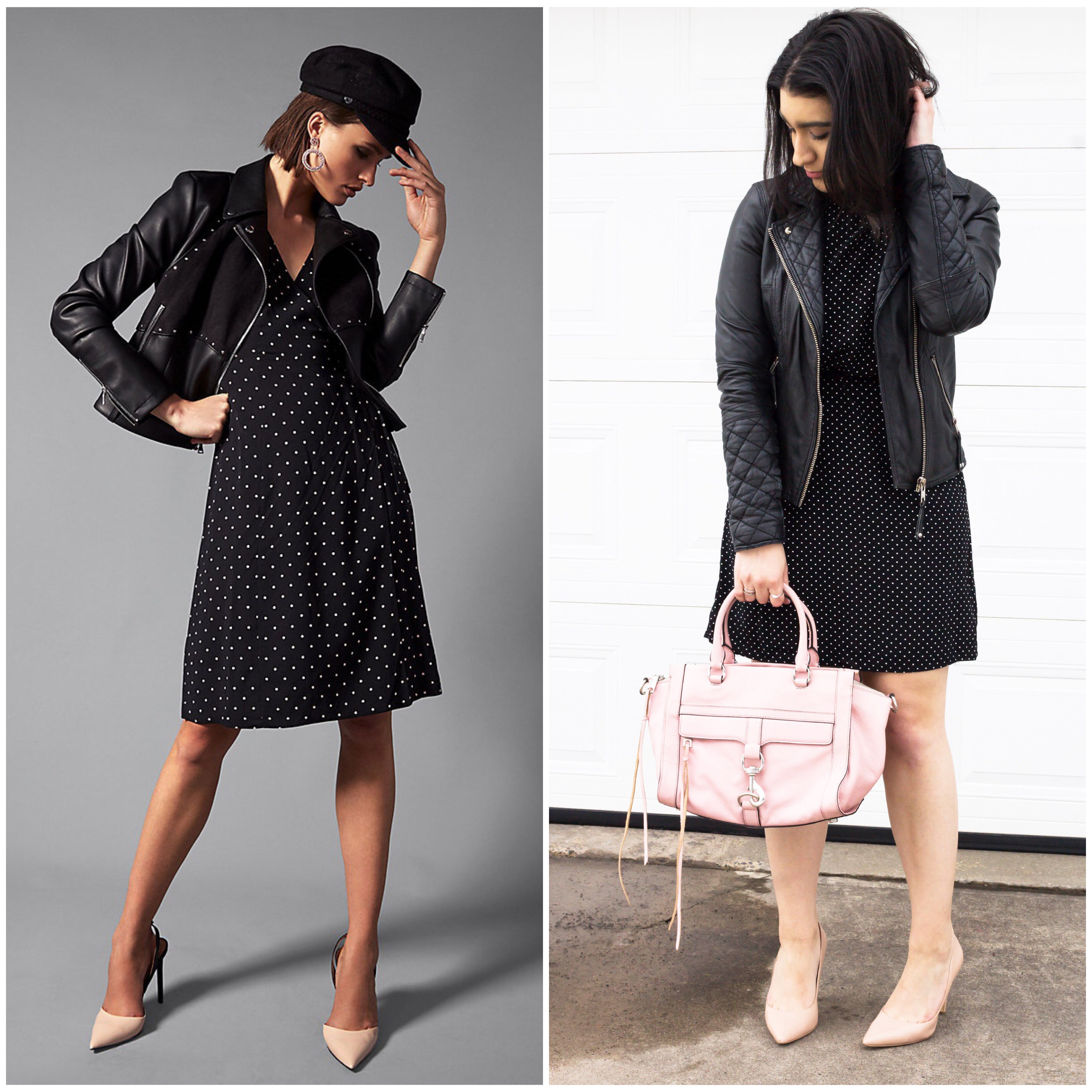 Look for Less: Leather Jacket and Polka Dot Dress