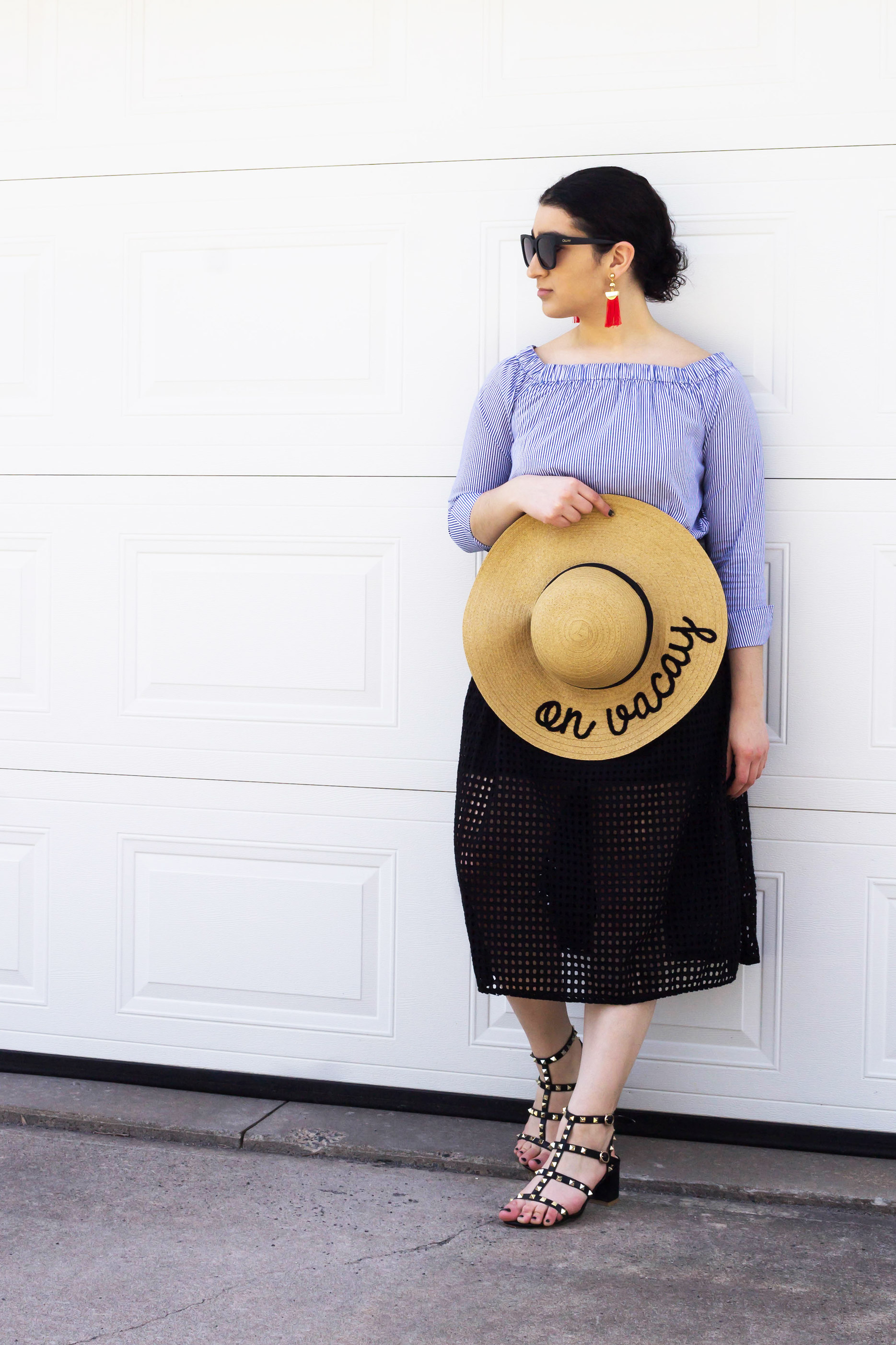 Thrifted Look: Off-The-Shoulder Blue Stripe Top and Black Grid Skirt