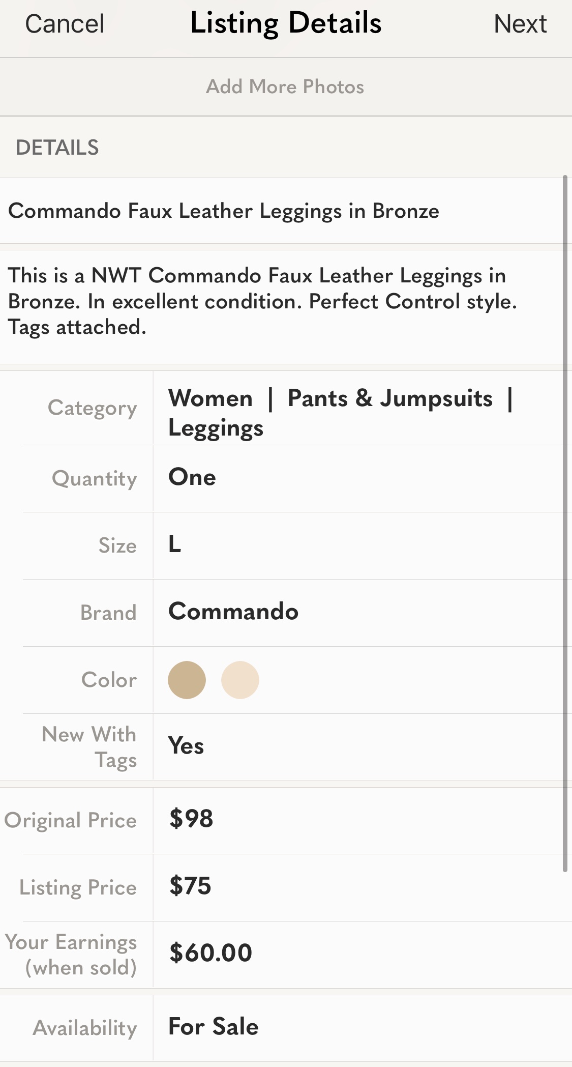 Commando Perfect Control Faux Leather Legging in Bronze